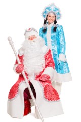 Комплект костюма Деда Мороза «Рубин с мелким узором» и костюма Снегурочки «Метелица аквамарин»