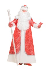 Костюм Деда Мороза «Рубин с мелким узором». В комплект костюма входит: пальто, шапка, рукавицы, мешок, чехол для хранения костюма.