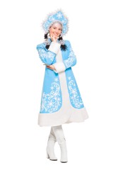 Костюм Снегурочки «Метелица Flex васильковая». В комплект костюма входит: пальто, кокошник (головной убор), рукавички.