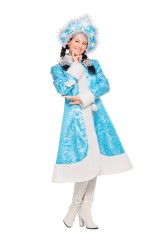 Костюм Снегурочки «Лазурная». В комплект костюма входит: пальто, кокошник (головной убор), рукавички.